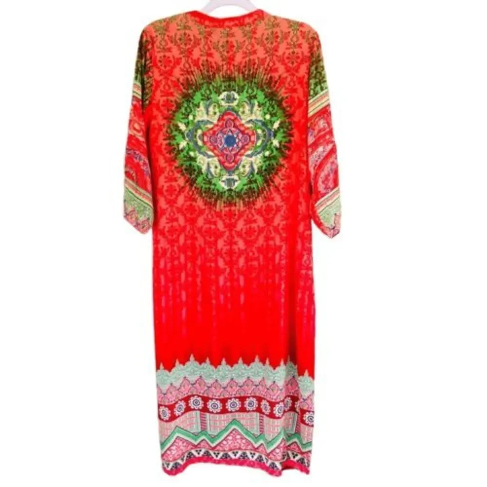 NWT Indian Kurta Kurti Lagi Red Floral Relaxed Long-Line Tunic Blouse Top — SZ M